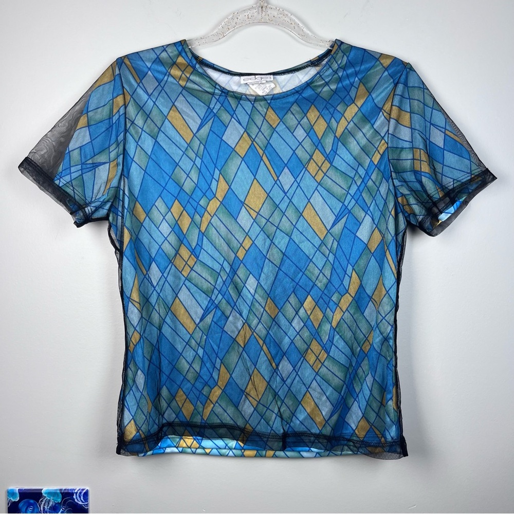 Vintage Edge Y2K 90s Blue Babydoll Stain-glass Patch Mesh Festival Top Large